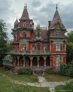 Abandoned ornate Victorian mansion with red walls, turets, and overgrown garden under cloudy sky