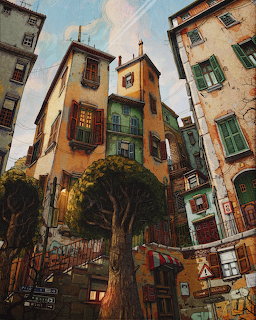 Illustration of colorful old Mediterranean buildings with balconies, trees, and a narrow street