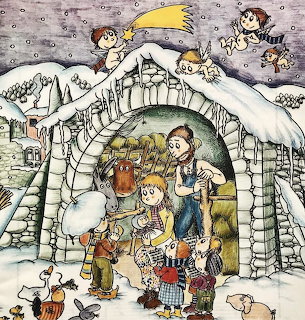 Watercolor nativity scene with holy family, children, angels, and animals in stone stable