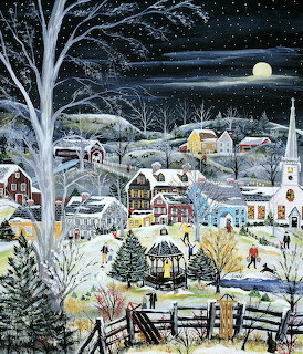 Folk art painting of a snowy village at night with a gazebo, church steeple, colorful houses, and full moon