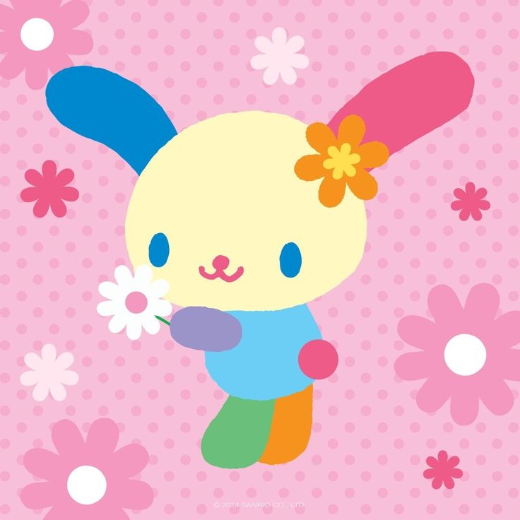 Cute Usahana bunny character on a pink flower-patterned background holding a white flower