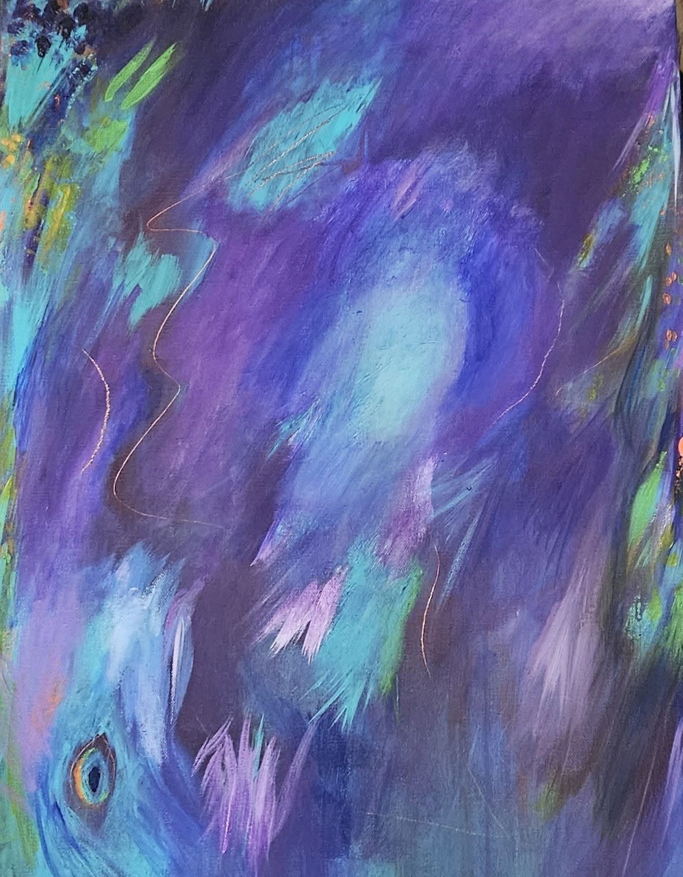 Abstract painting with swirling purple and blue brushstrokes and a peacock feather detail