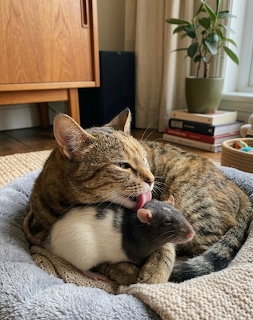 Tabby cat cuddling with a small black and white rat on a textured blanket