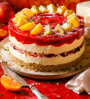 Layered cream cake with red strawberry topping, fruit slices, and powdered sugar on a plate