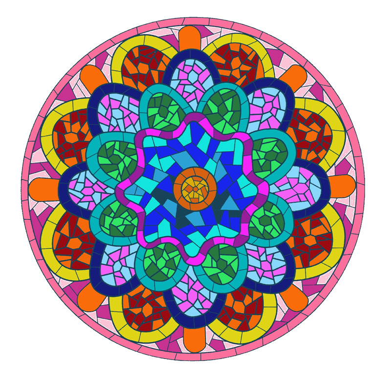 Circular mandala with colorful geometric patterns in blue, green, pink, orange and yellow with symmetrical floral design