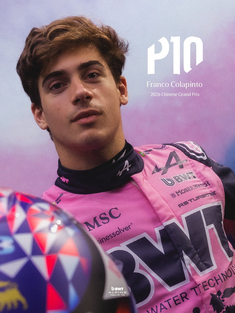 Franco Colapinto wearing pink BWT racing suit, P10 result at 2024 Chinese Grand Prix