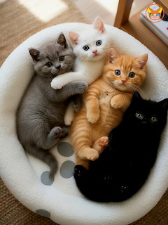 Four kittens in gray, white, orange and black colors lying together in a round white pet bed near a window