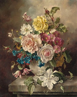 Classical still life painting of vibrant flowers including roses, lilies and mixed blooms in decorative vase