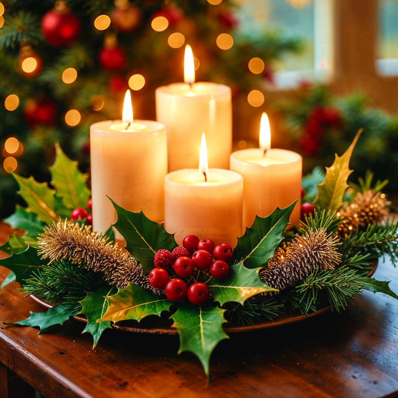 Four lit white candles on a Christmas wreath with holly, berries, and pine cones on a wooden table
