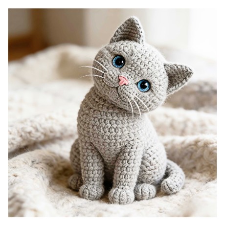 Gray crocheted kitten amigurumi with blue eyes sitting on a white blanket