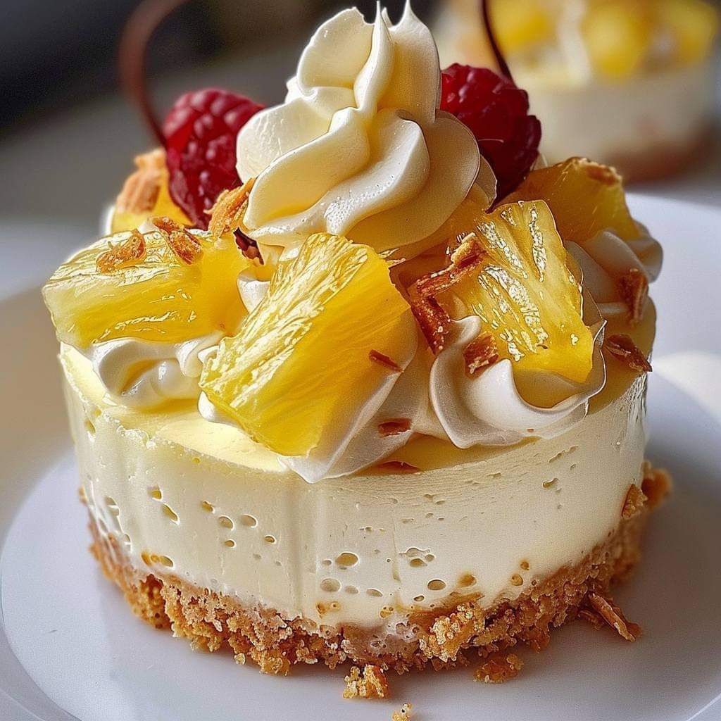 Individual layered cake with white cream, pineapple chunks, whipped cream swirls, and berries on a crumb crust
