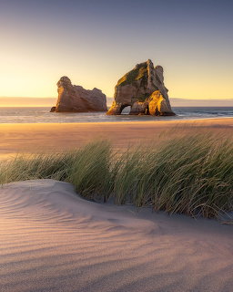 Sandy beach with dune grass and a large rock arch in calm coastal water at sunset