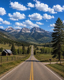 Straight road through valley leading to mountain range under cloudy blue sky