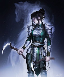 Fantasy warrior in armor with glowing teal gem and spectral wolf spirit, dark atmospheric digital art