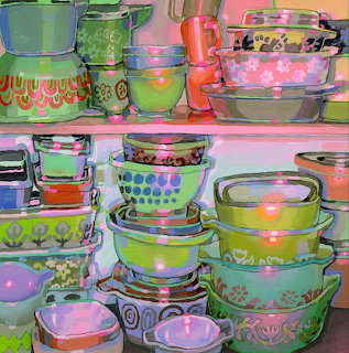 Stylized colorful bowls, cups, and glassware stacked on shelves