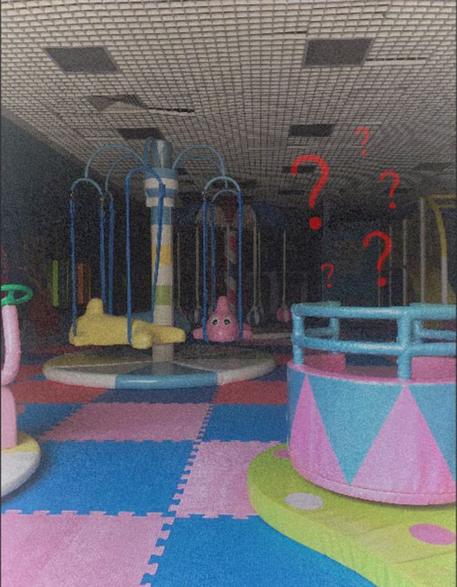 Empty abandoned indoor playground with colorful foam floor tiles, ride-on toys, and red question marks
