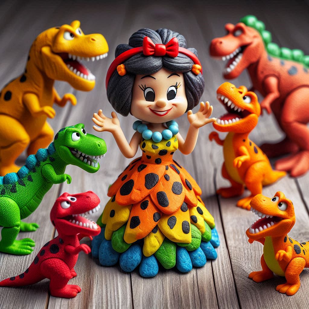 Snow White figure in rainbow dress surrounded by colorful cartoon dinosaur toys