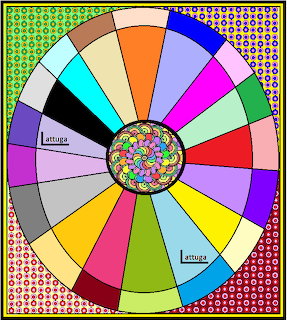 Colorful patchwork wheel with rainbow wedge segments and floral center on patterned background