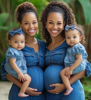 Two pregnant women in denim holding baby girls with blue headbands posing outdoors