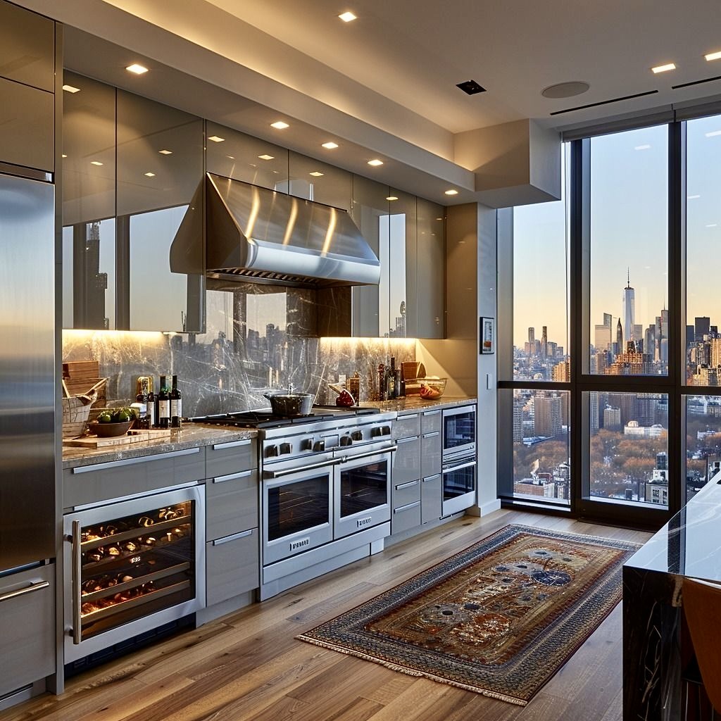 Modern luxury kitchen with city skyline view through large windows