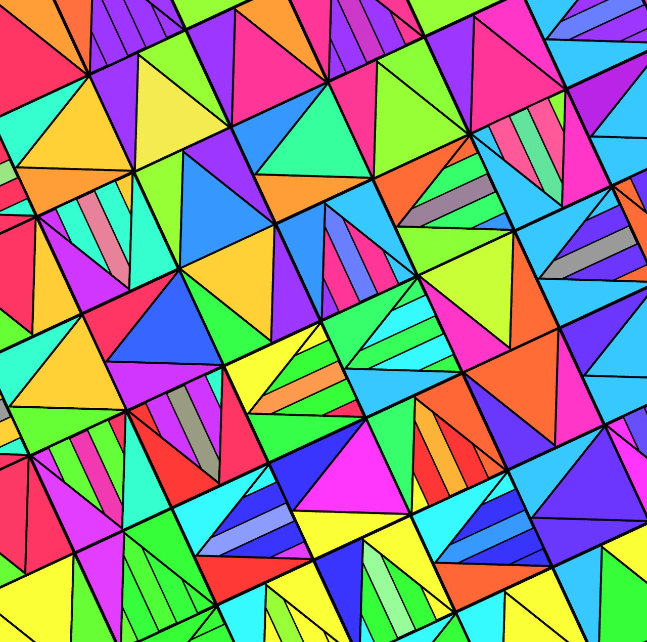 Abstract geometric pattern of colorful overlapping triangles in bright pink, purple, yellow, green, and cyan