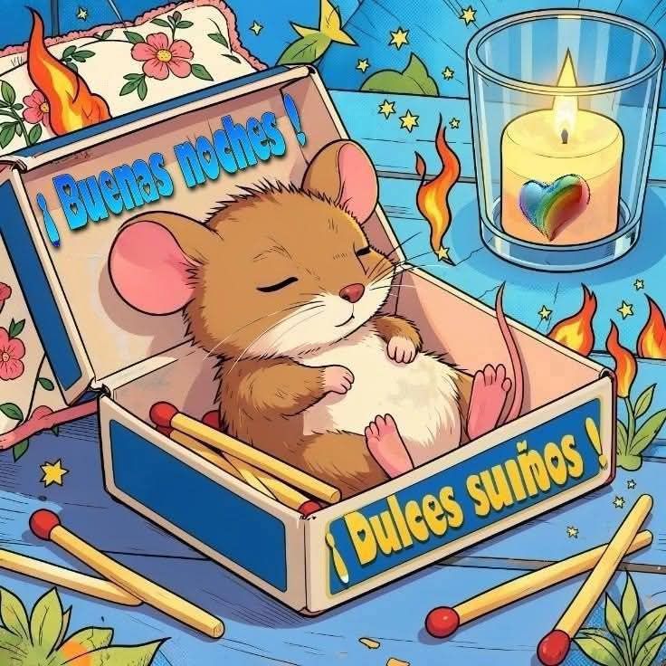 Cartoon illustration of a sleeping mouse curled up in a matchbox with a candle and scattered matches