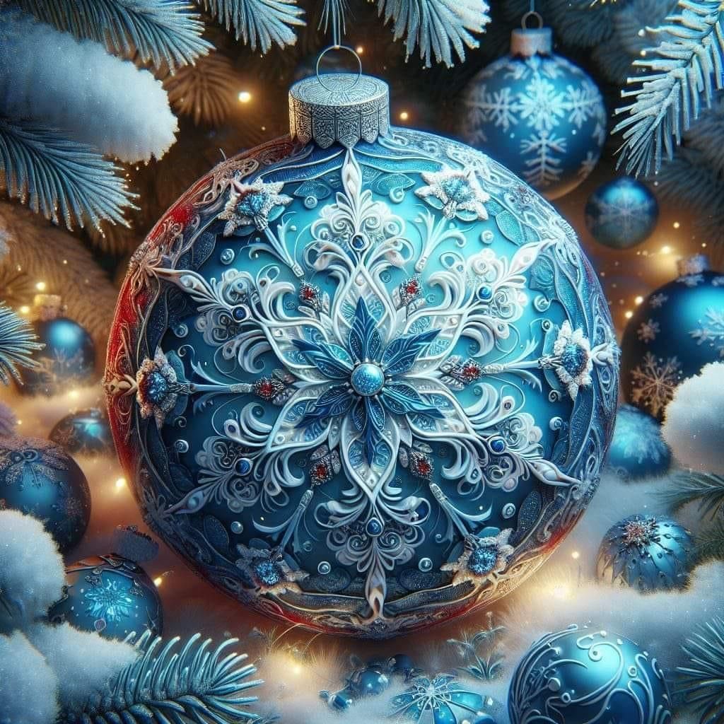 Detailed blue Christmas ornament with white decorative swirls among evergreen branches and glowing lights