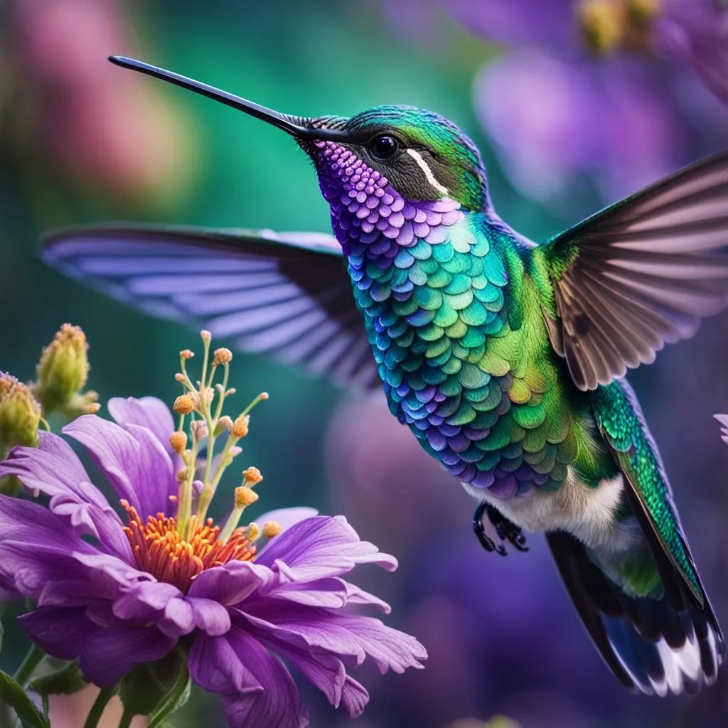 Colorful hummingbird with spread wings hovering beside purple flower
