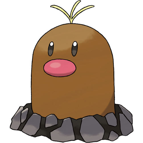 Alolan Diglett Pokémon character with brown body, pink nose, and blonde hair sprouting from gray rocks