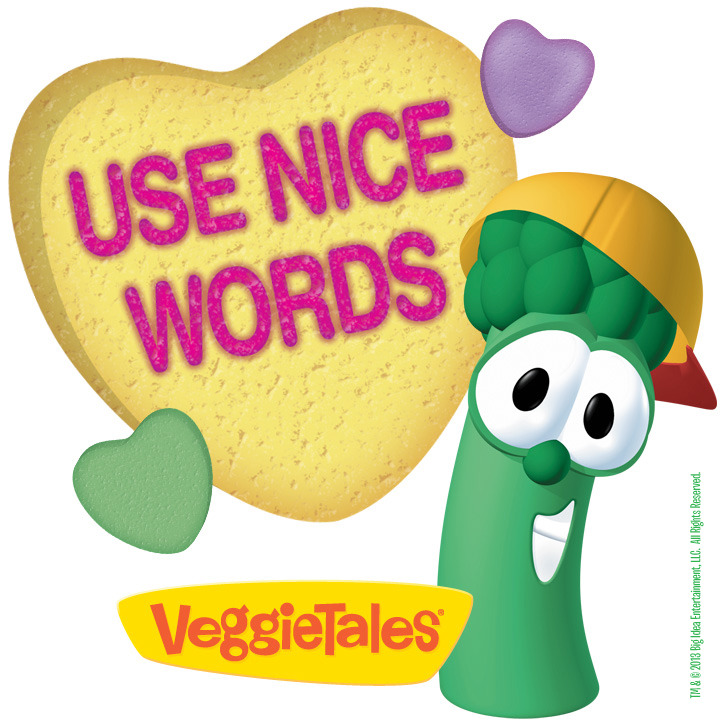 VeggieTales Junior Asparagus character next to a yellow candy heart reading Use Nice Words