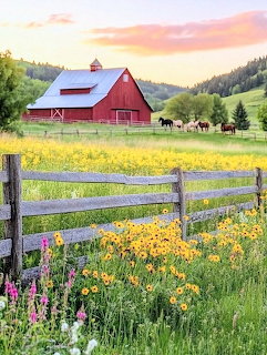 Red barn behind wooden fence with yellow wildflowers, horses grazing in green pasture at sunset