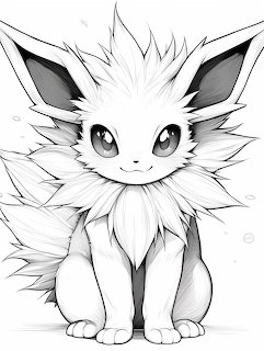 Black and white drawing of Eevee Pokemon with fluffy fur and large eyes sitting upright