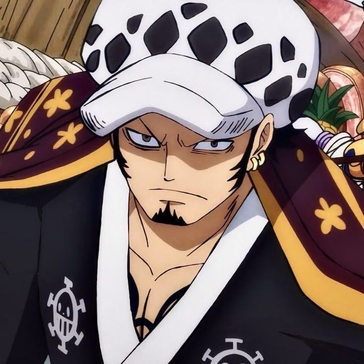 Anime portrait of Trafalgar Law wearing white spotted hat and dark coat with serious expression