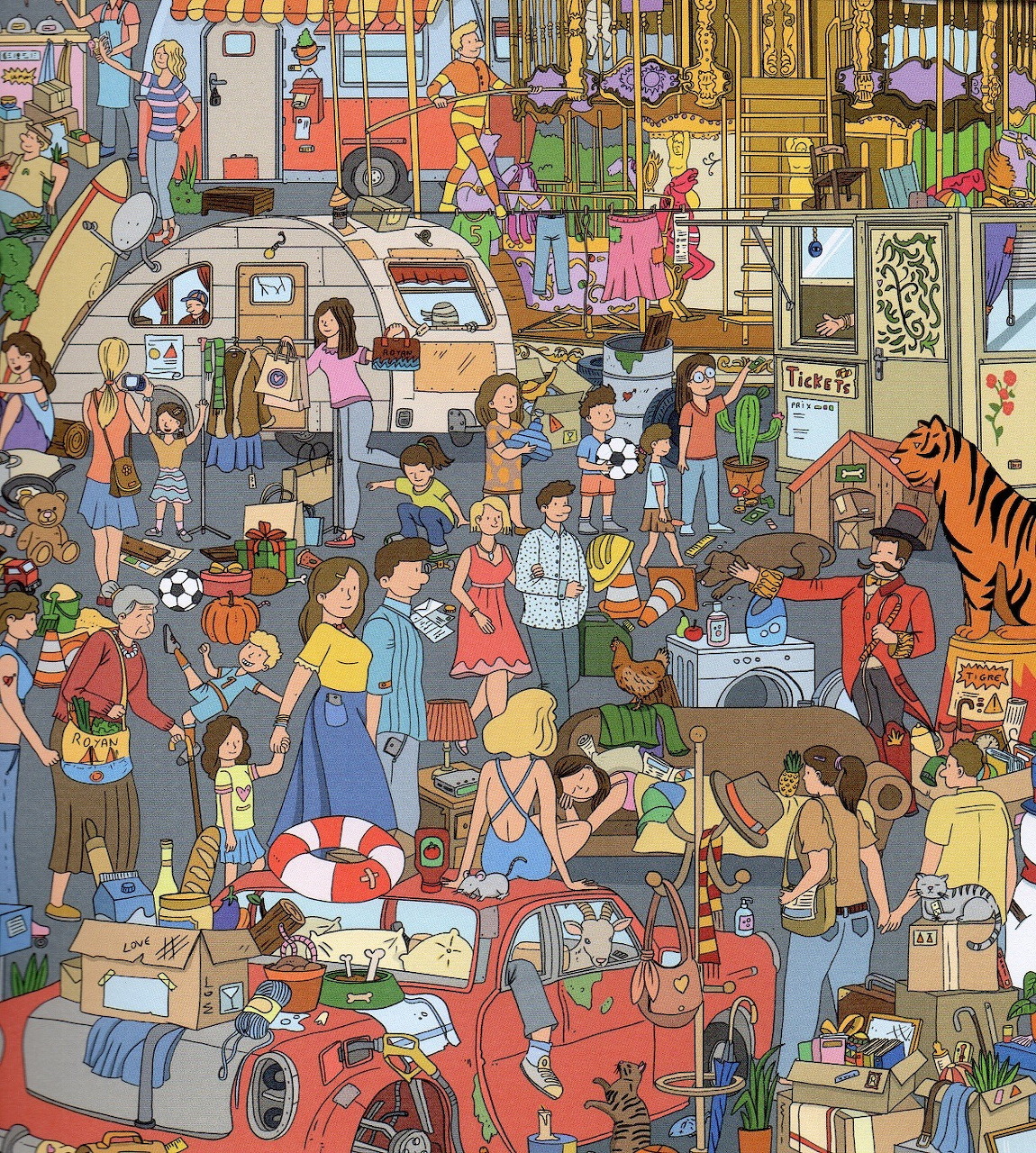 Detailed illustration of busy retro campground with many people, campers, and camping gear in vibrant colors