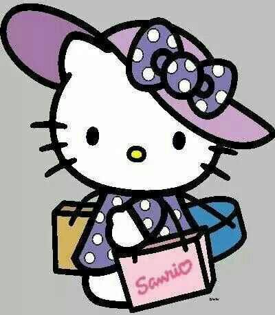 Hello Kitty wearing purple polka dot hat and bow, holding yellow box and blue shopping bag with Sanrio tag