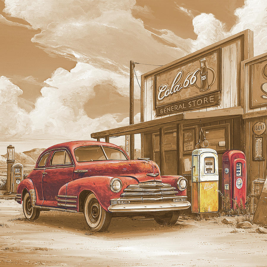 Vintage red car outside Cola 66 General Store with old gas pumps in a sepia-toned scene