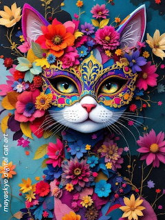 Digital illustration of a cat with a decorative masquerade mask surrounded by colorful flowers