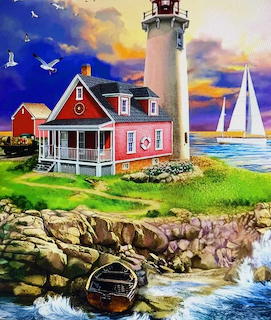 Painting of a red cottage and white lighthouse on a rocky coast with sailboat and seagulls