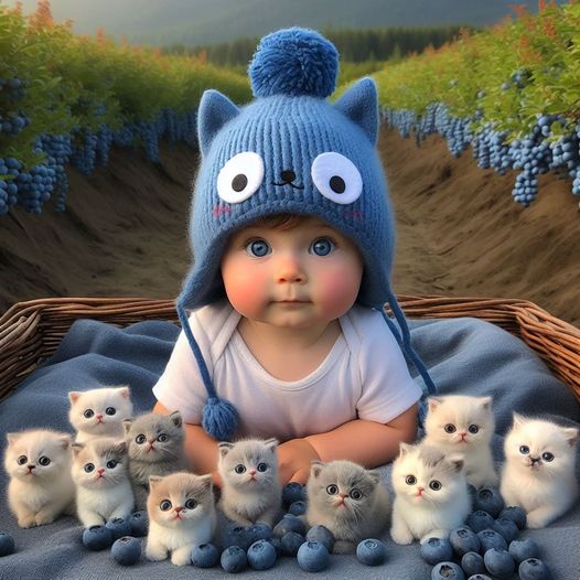 Baby in blue knitted cat hat lying in basket with toy kittens and blueberries in a field of blue flowers