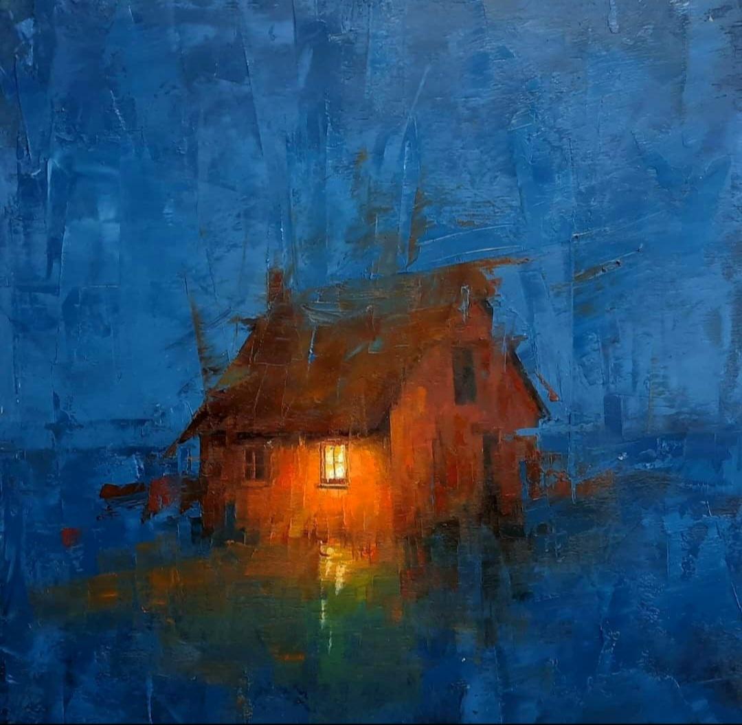 Painting of a small cottage with a glowing window in a deep blue scene