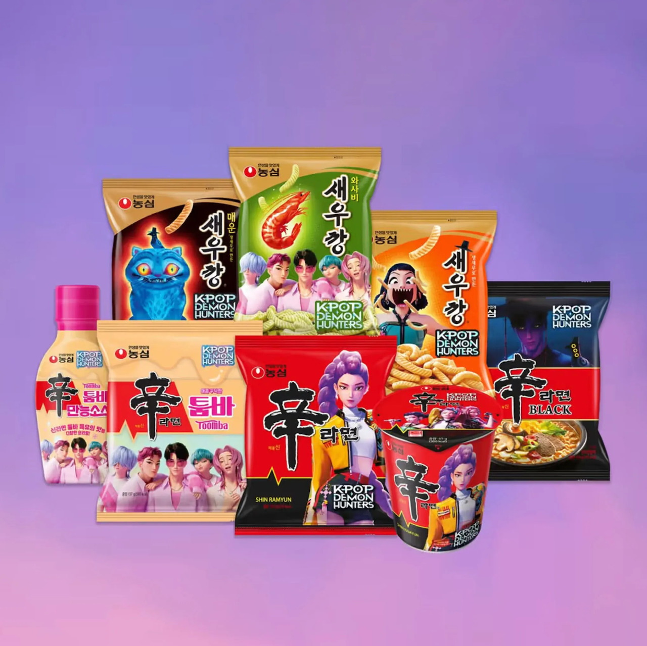 Assorted ramen packs, cups, and sauce bottles on a purple background