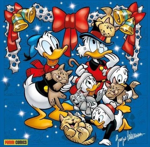 Donald Duck and nephews with Scrooge McDuck in a Christmas wreath illustration by Panini Comics