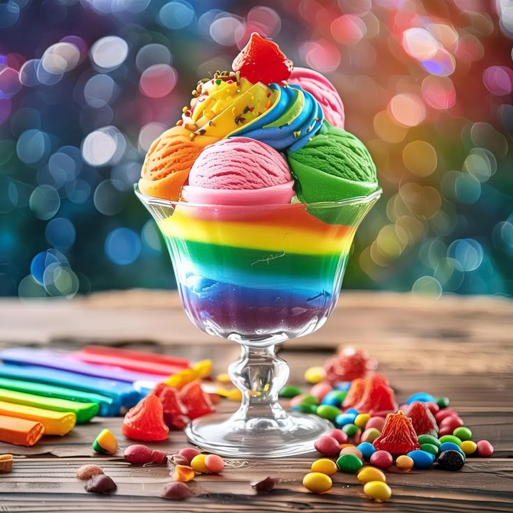 Rainbow layered ice cream sundae with colorful scoops, whipped cream and strawberry in glass with candies and bokeh lights