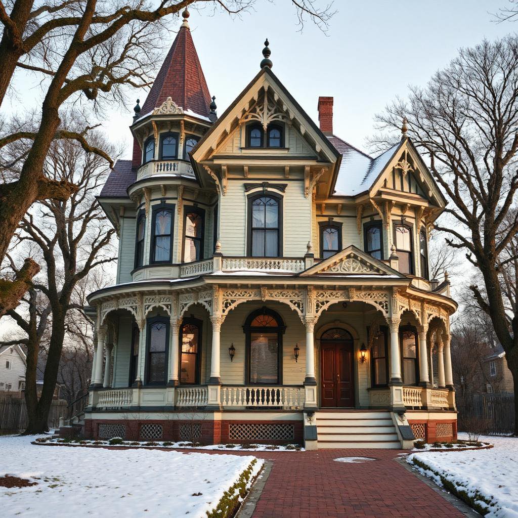 Grand Victorian mansion with tower and ornate details in winter snow