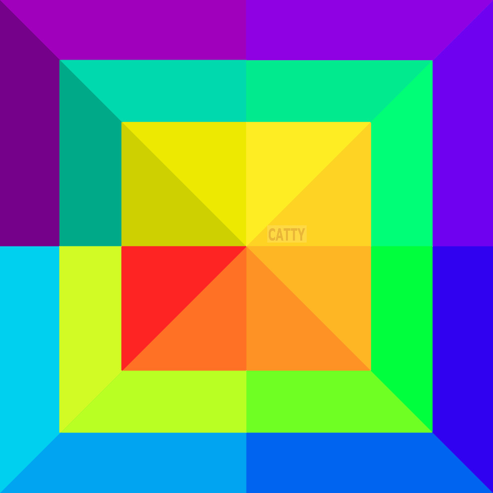 Concentric squares with rainbow gradient colors radiating from yellow-orange center outward through geometric pattern