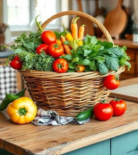 Wicker basket filled with fresh vegetables including tomatoes, bell peppers, kale, and leafy greens on wooden surface