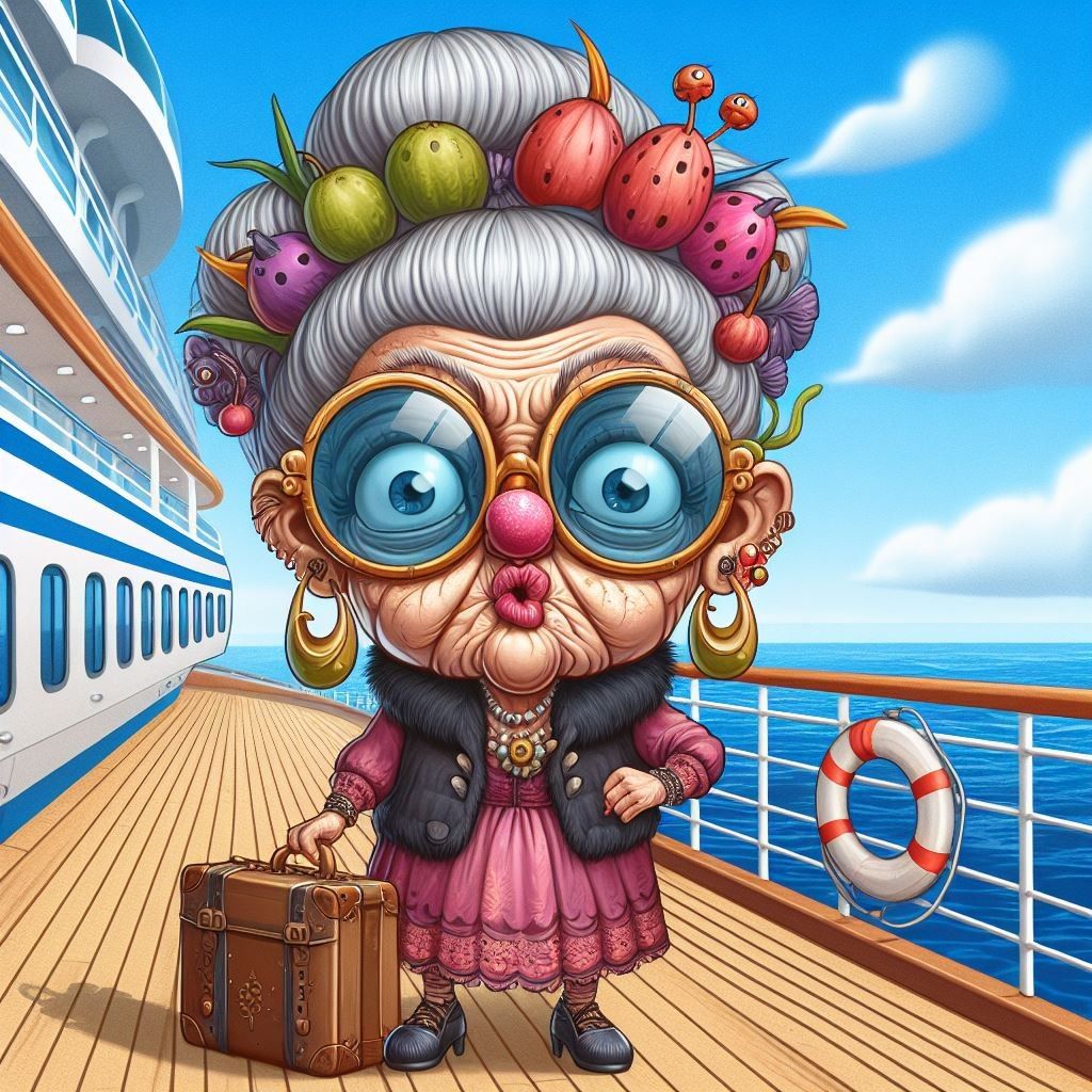 Cartoon elderly woman with oversized glasses and fruit hair on cruise ship deck
