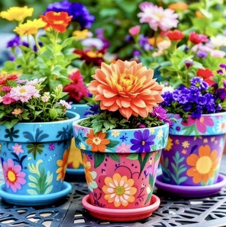 Colorful hand-painted flower pots with blooming dahlias and mixed flowers arranged on outdoor table