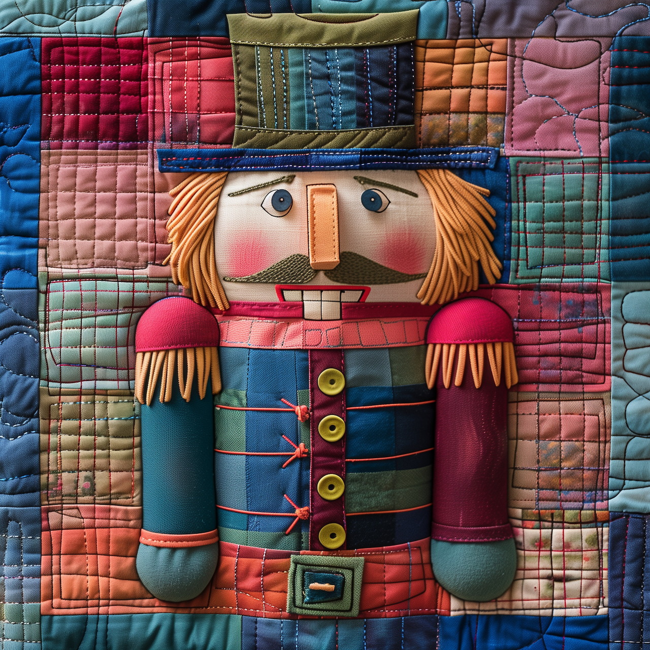 Quilted fabric art of a nutcracker soldier with orange hair and mustache, red and blue uniform, on colorful patchwork background