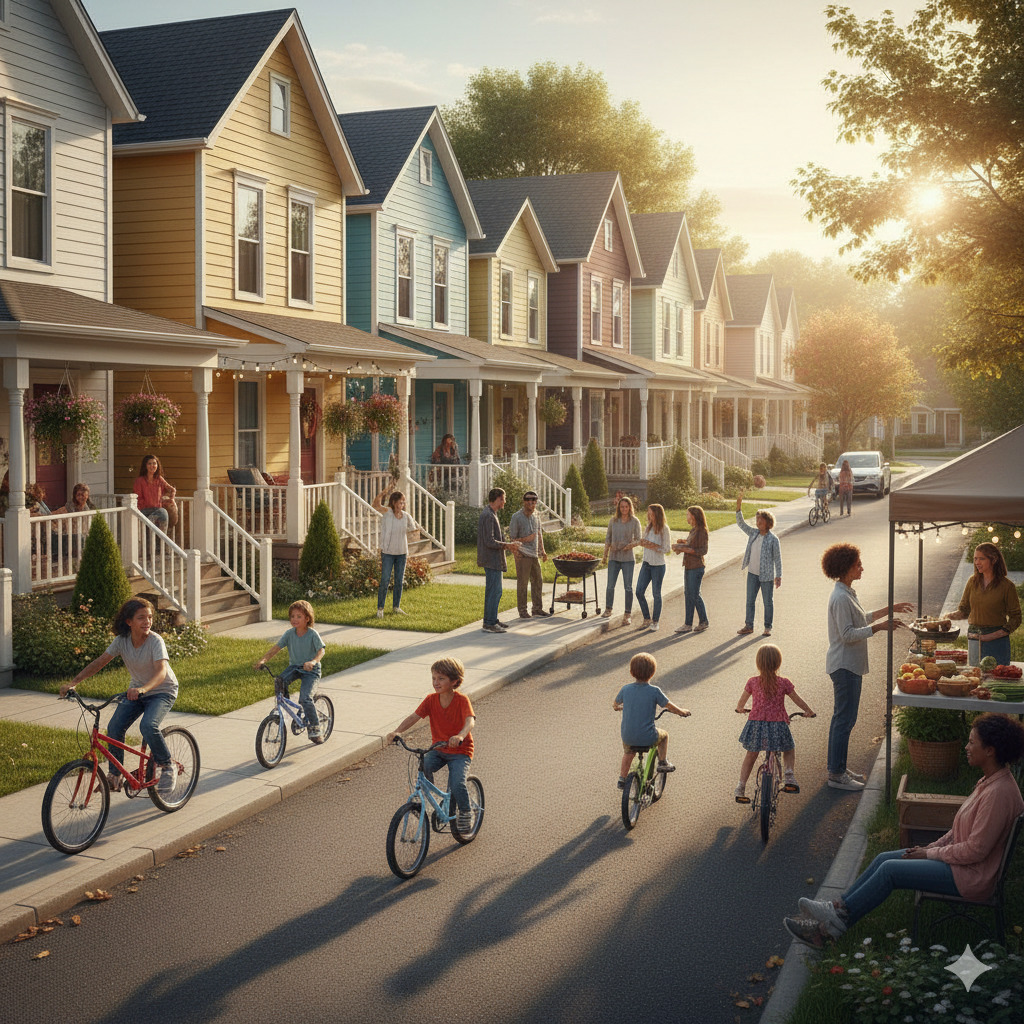 Families and children on a sunny suburban street with colorful row houses and kids riding bikes